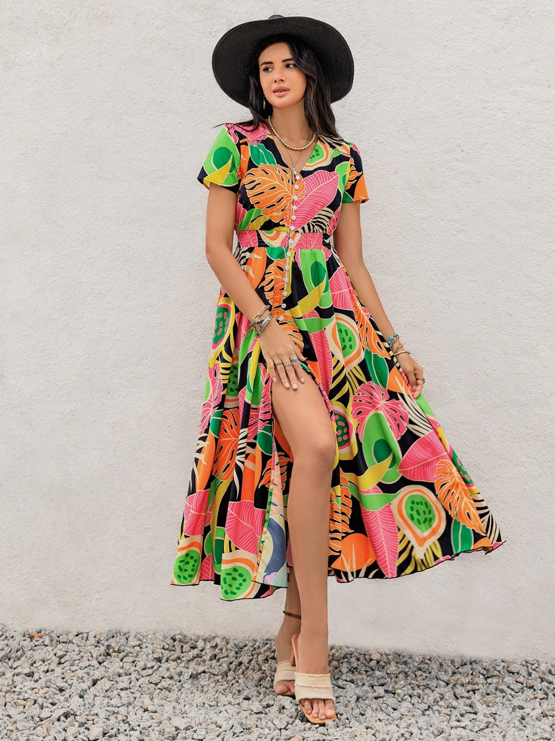 Tropical Print V - Neck Short Sleeve Midi Dress - Oh she Rose