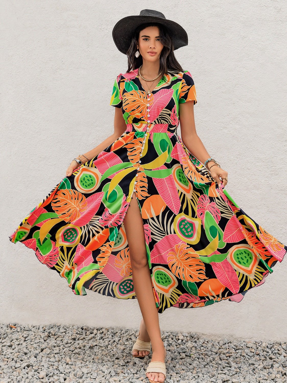 Tropical Print V - Neck Short Sleeve Midi Dress - Oh she Rose