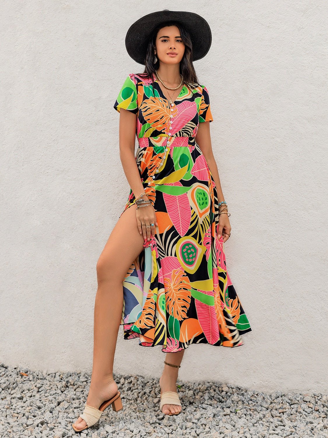 Tropical Print V - Neck Short Sleeve Midi Dress - Oh she Rose