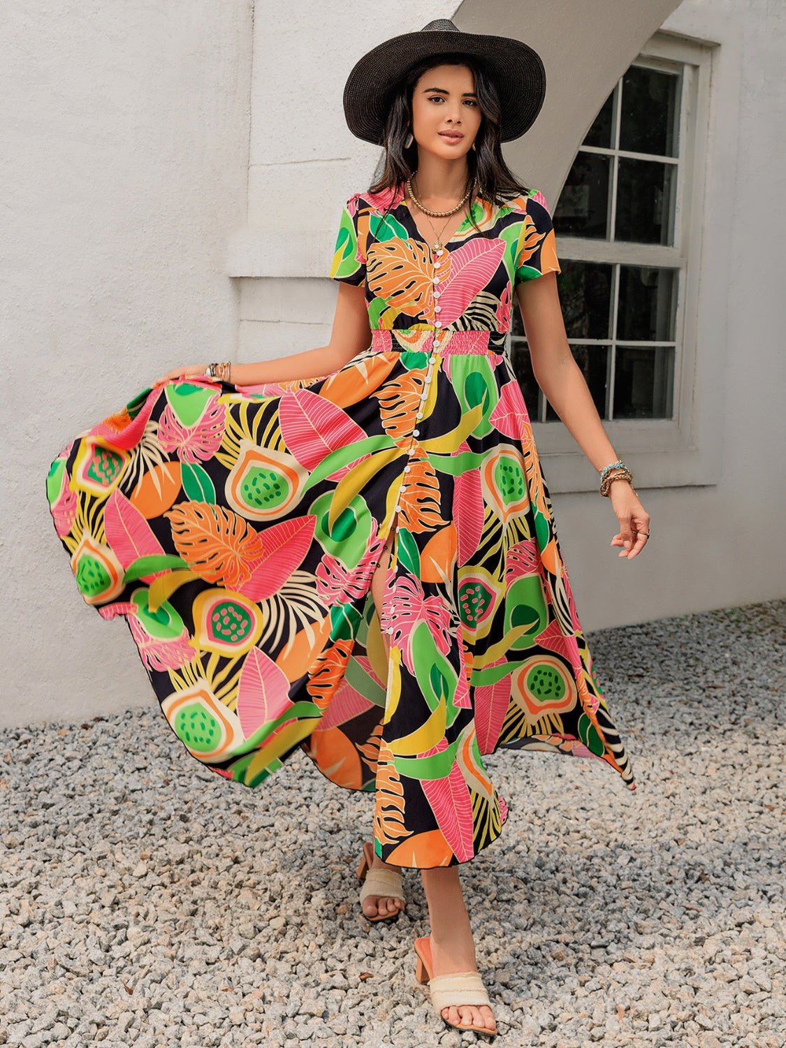 Tropical Print V - Neck Short Sleeve Midi Dress - Oh she Rose