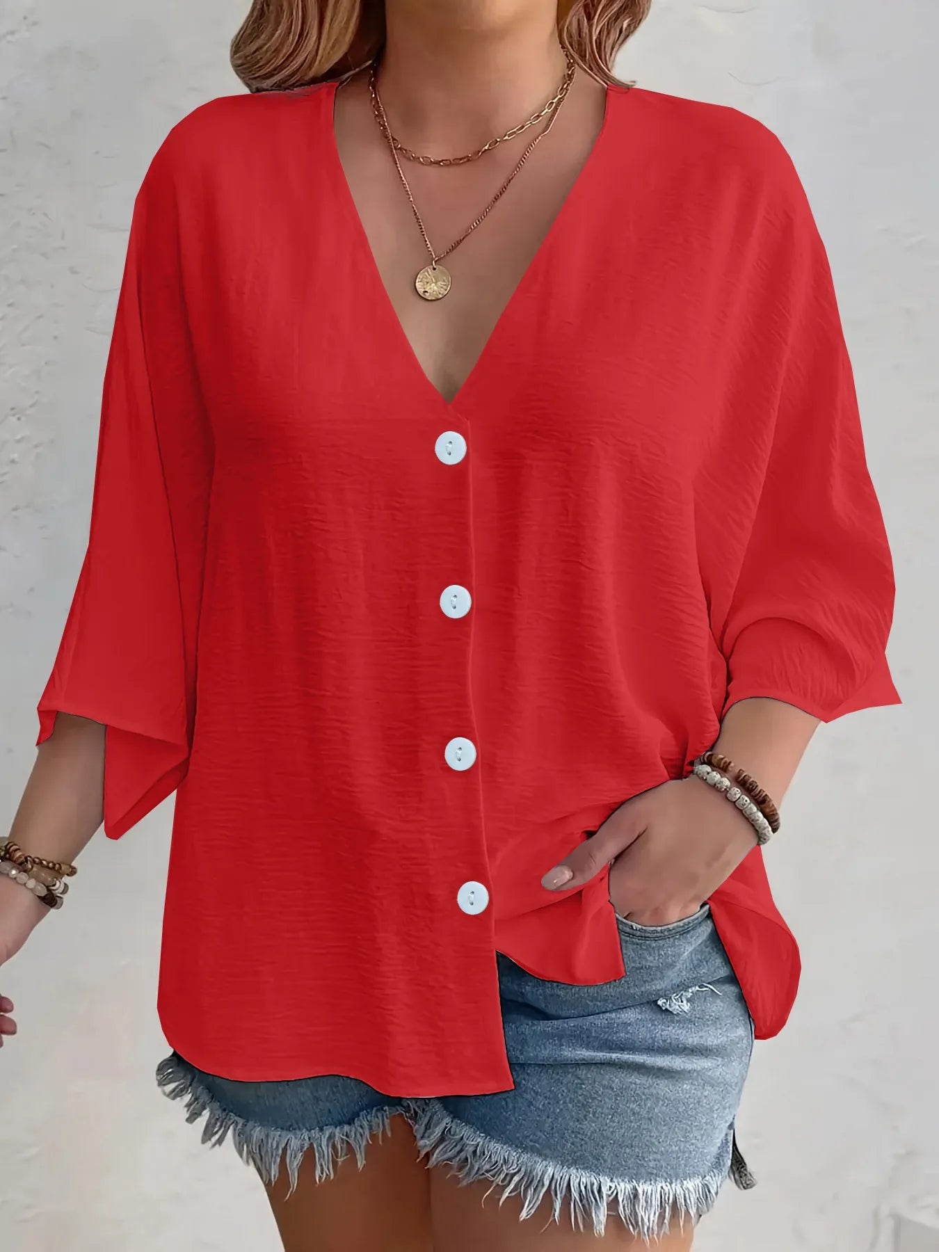 V - Neck Button Down Shirt - Oh she Rose