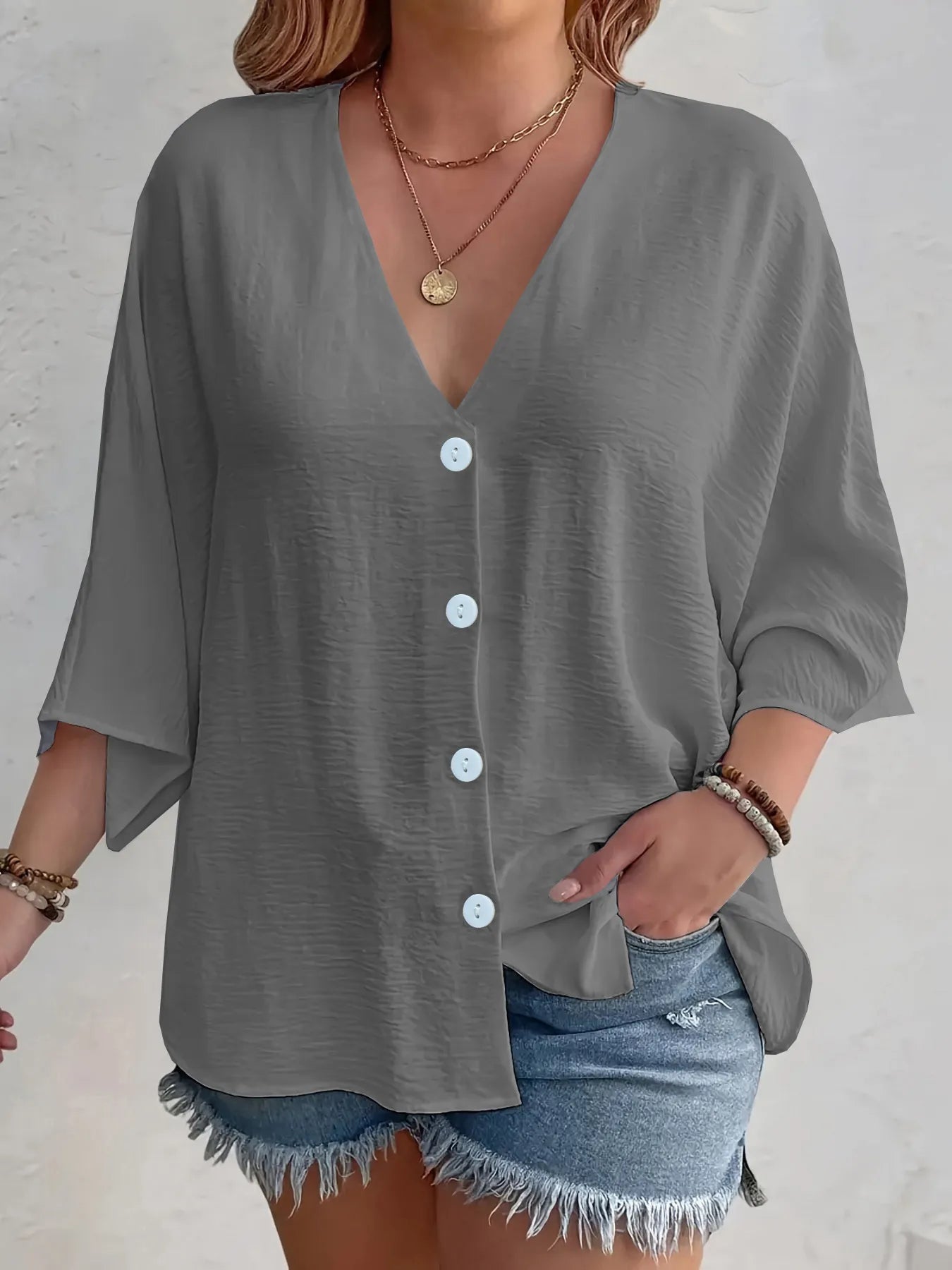 V - Neck Button Down Shirt - Oh she Rose