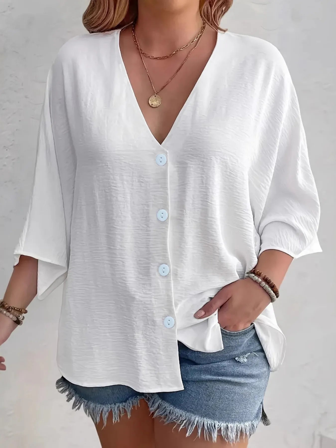 V - Neck Button Down Shirt - Oh she Rose