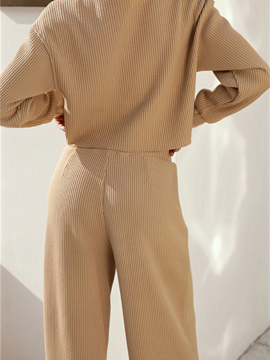 Waffle - Knit Round Neck Top and Pants Set - Oh she Rose