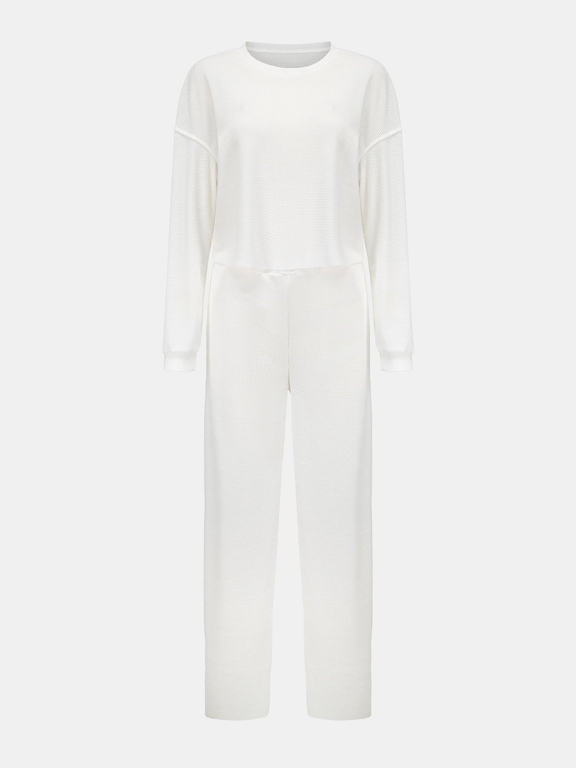Waffle - Knit Round Neck Top and Pants Set - Oh she Rose