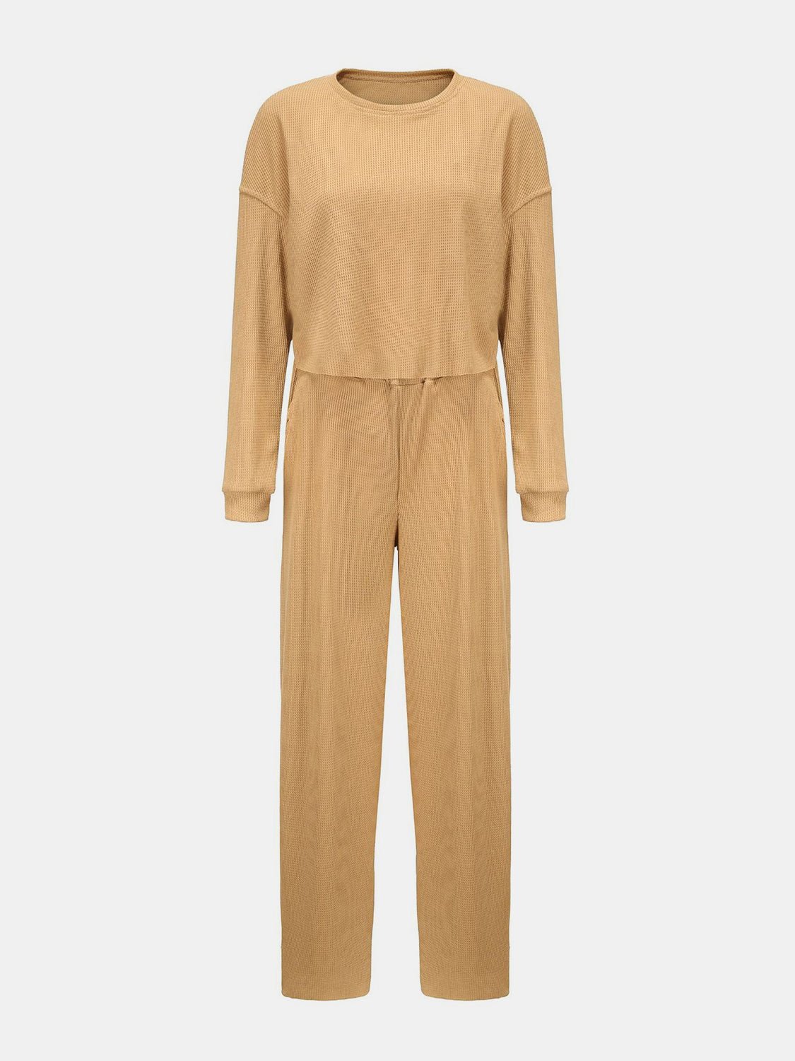 Waffle - Knit Round Neck Top and Pants Set - Oh she Rose