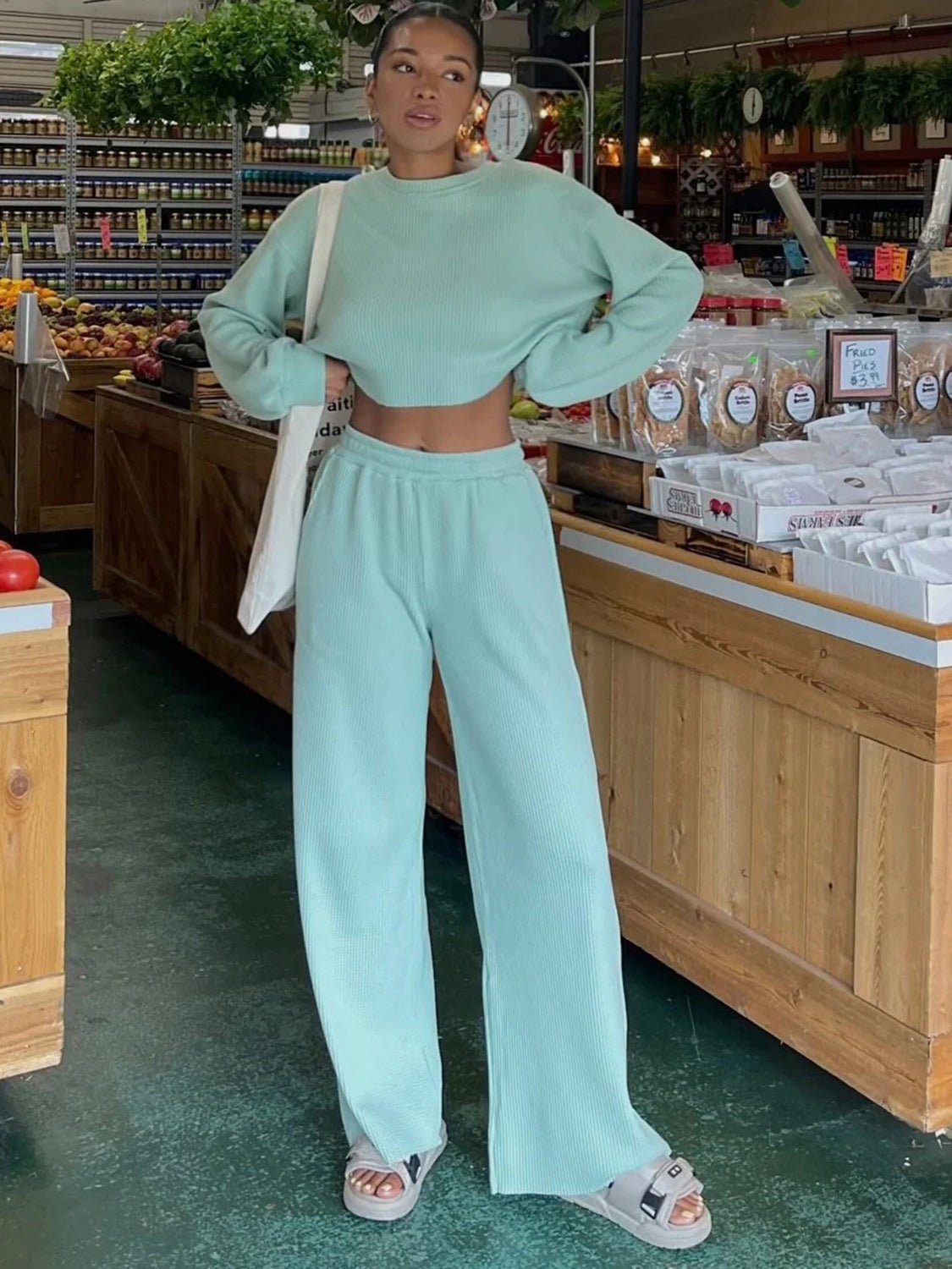 Waffle - Knit Round Neck Top and Pants Set - Oh she Rose