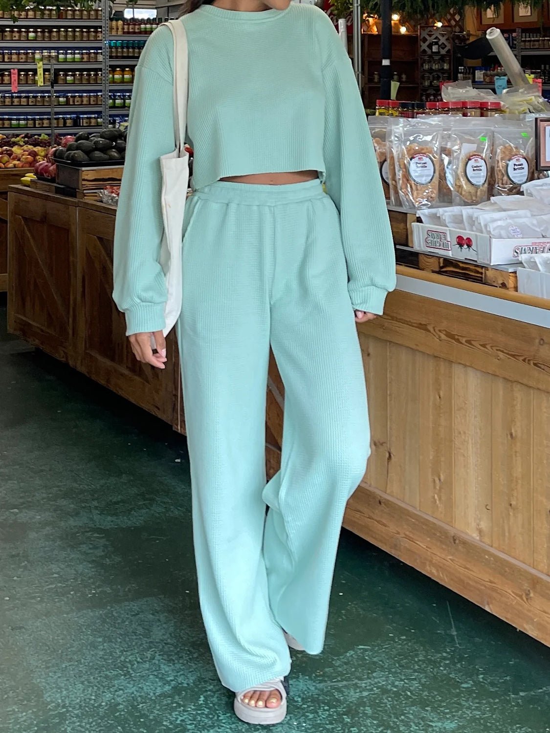 Waffle - Knit Round Neck Top and Pants Set - Oh she Rose