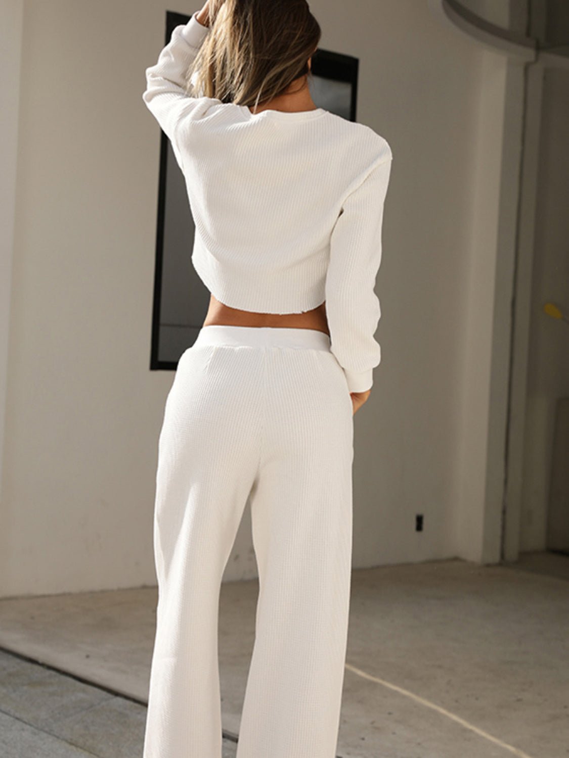 Waffle - Knit Round Neck Top and Pants Set - Oh she Rose
