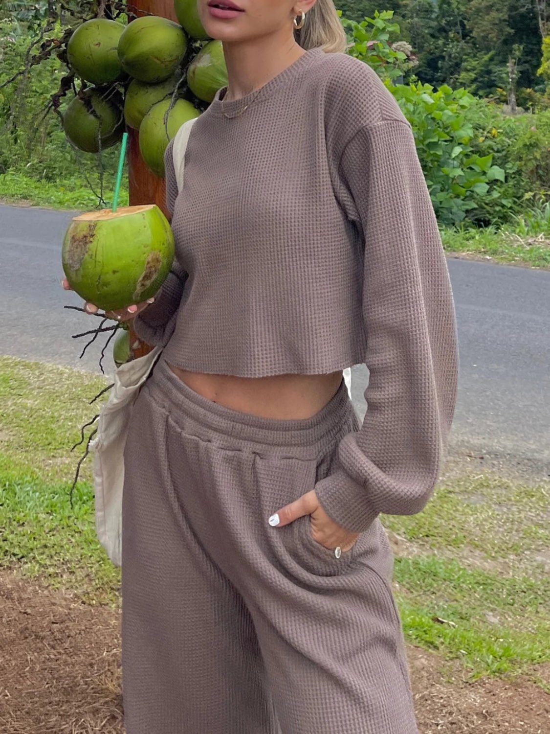 Waffle - Knit Round Neck Top and Pants Set - Oh she Rose