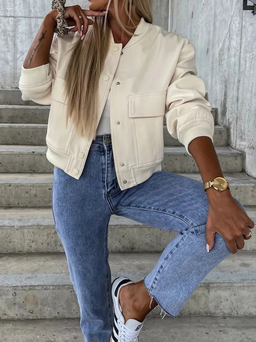 Baseball Collar Dropped Shoulder Jacket - Oh she Rose