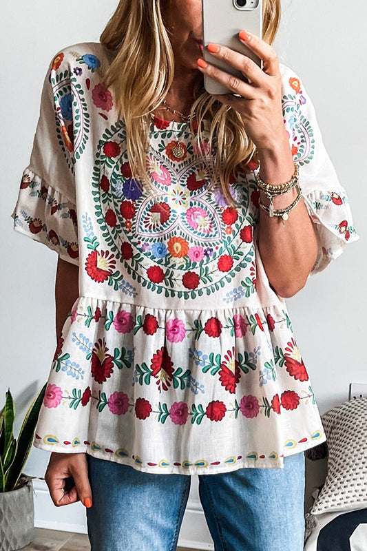 Boho Floral Print Round Neck Ruffle Trim Blouse - Oh she Rose