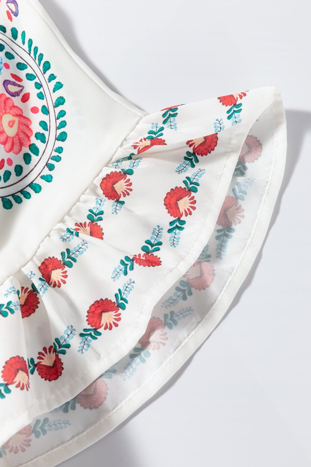 Boho Floral Print Round Neck Ruffle Trim Blouse - Oh she Rose