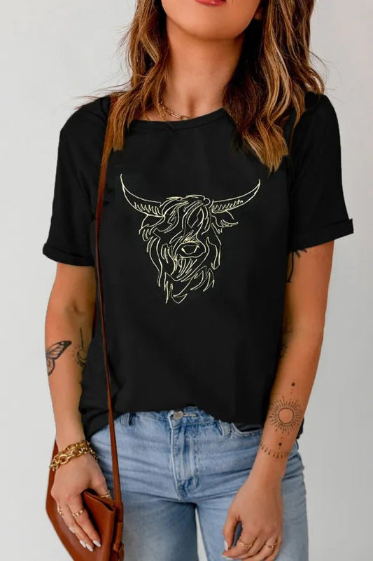 Bull Head Embroidered Round Neck T Shirt - Oh she Rose