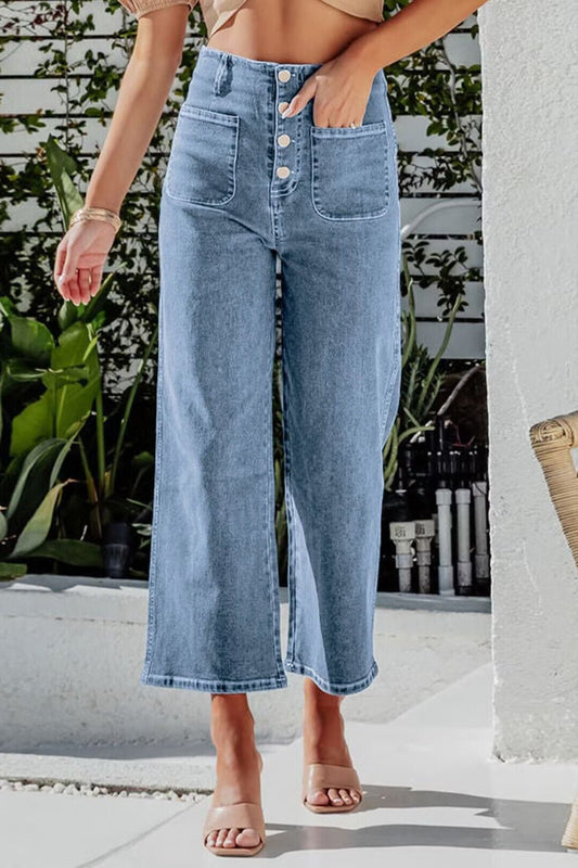Button Fly Cropped Wide Leg Jeans - Oh she Rose