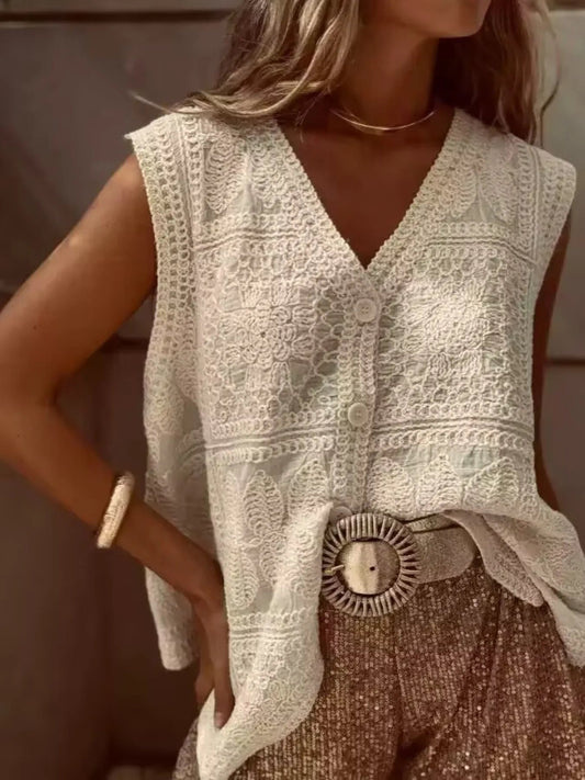 Crochet Lace V - Neck Vest - Oh she Rose