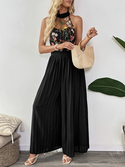 Floral Embroidered Halter Neck Pleated Jumpsuit - Oh she Rose