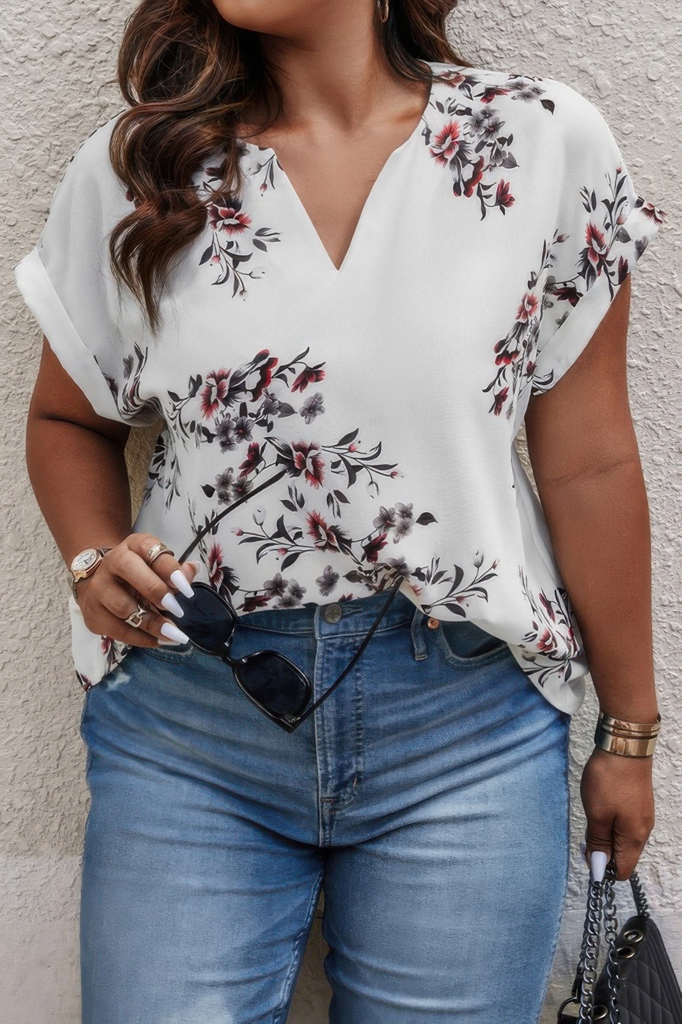 Floral Print V Neck Blouse - Oh she Rose