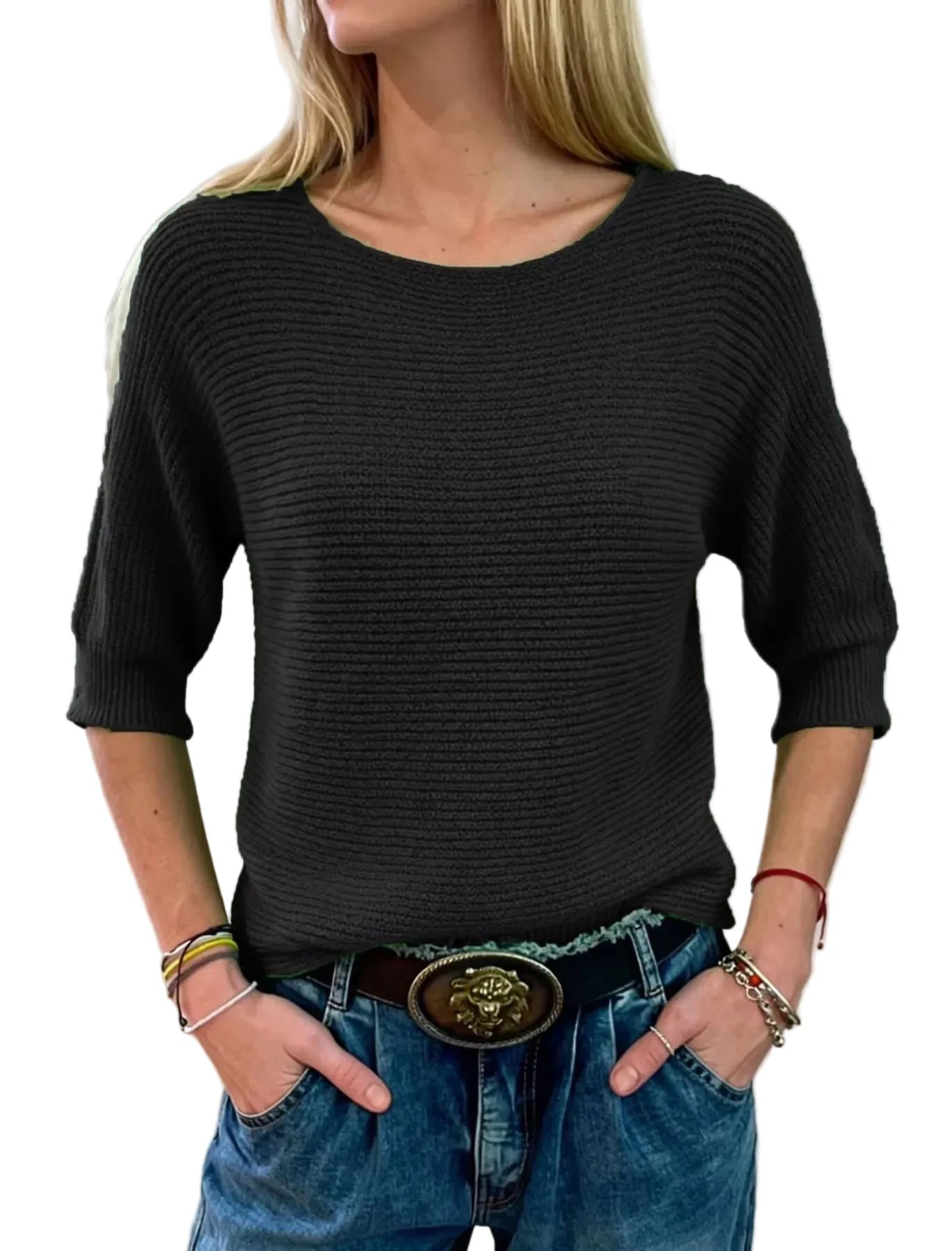 Full Size Ribbed Knit Round Neck Sweater Plus Size - Oh she Rose