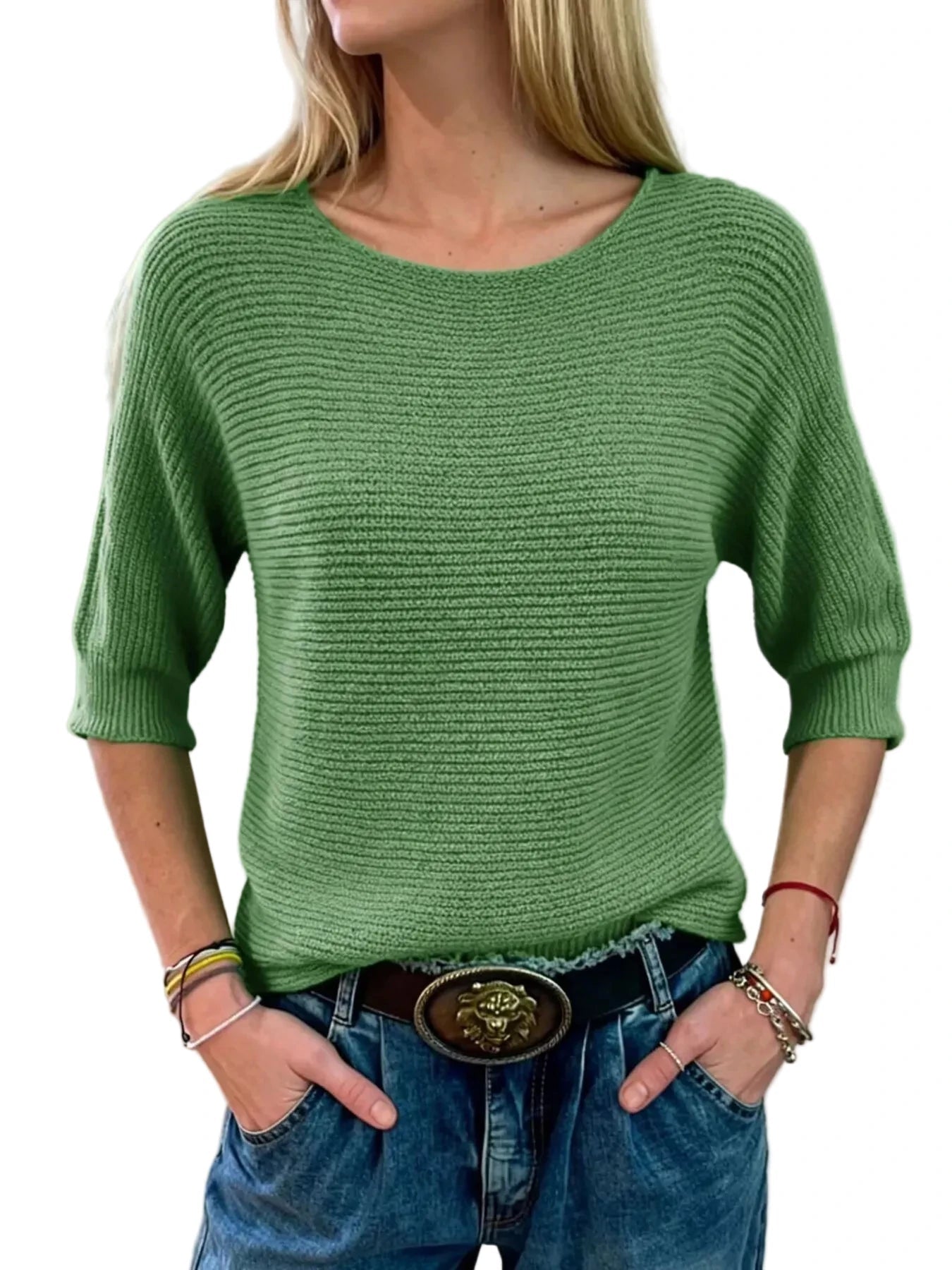 Full Size Ribbed Knit Round Neck Sweater Plus Size - Oh she Rose