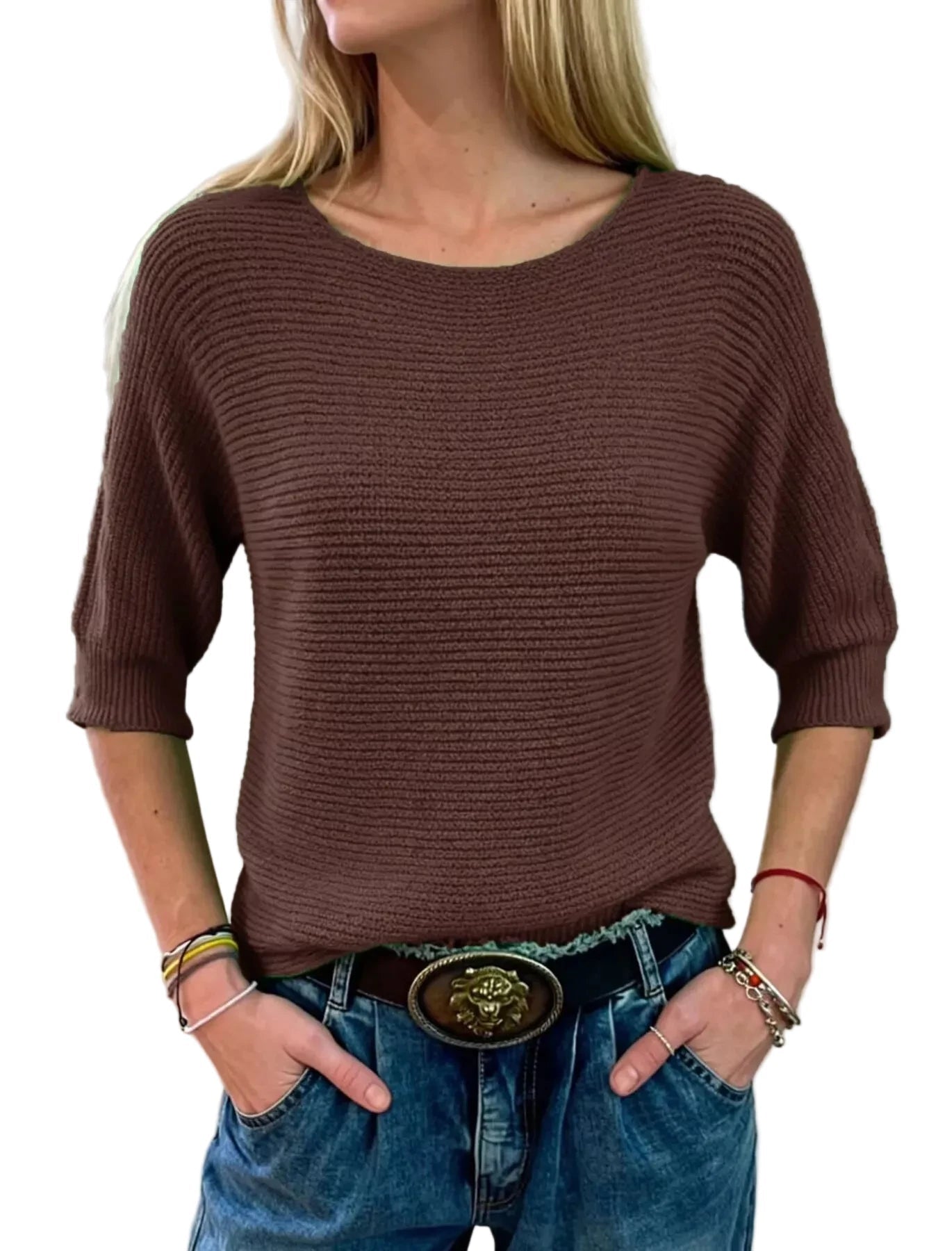 Full Size Ribbed Knit Round Neck Sweater Plus Size - Oh she Rose