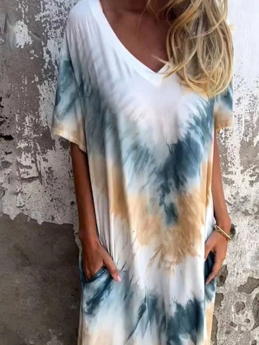 Funky Tie - Dye V - Neck Midi Dress with Pockets - Oh she Rose