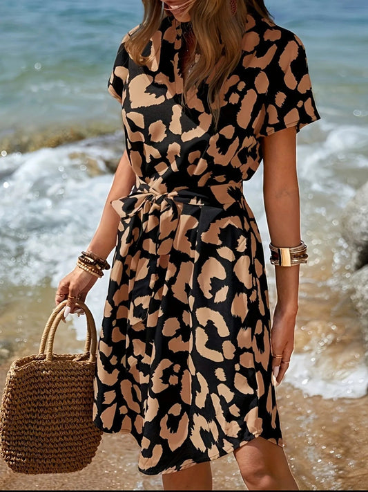 Leopard Notched Tie Waist Midi Dress - Oh she Rose