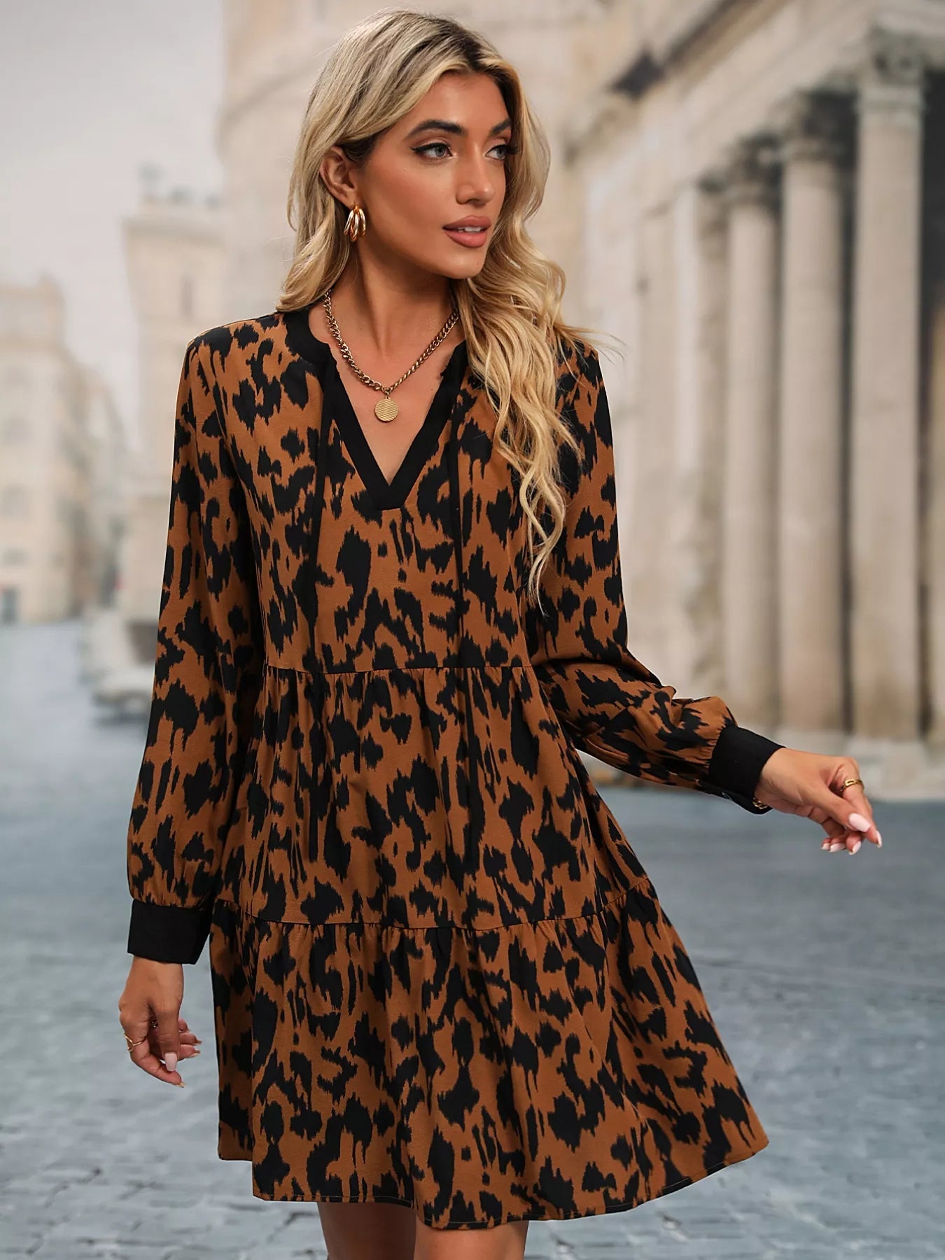 Leopard Tie Neck Long Sleeve Dress - Oh she Rose