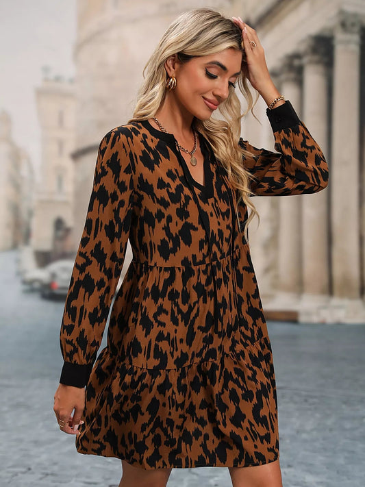 Leopard Tie Neck Long Sleeve Dress - Oh she Rose