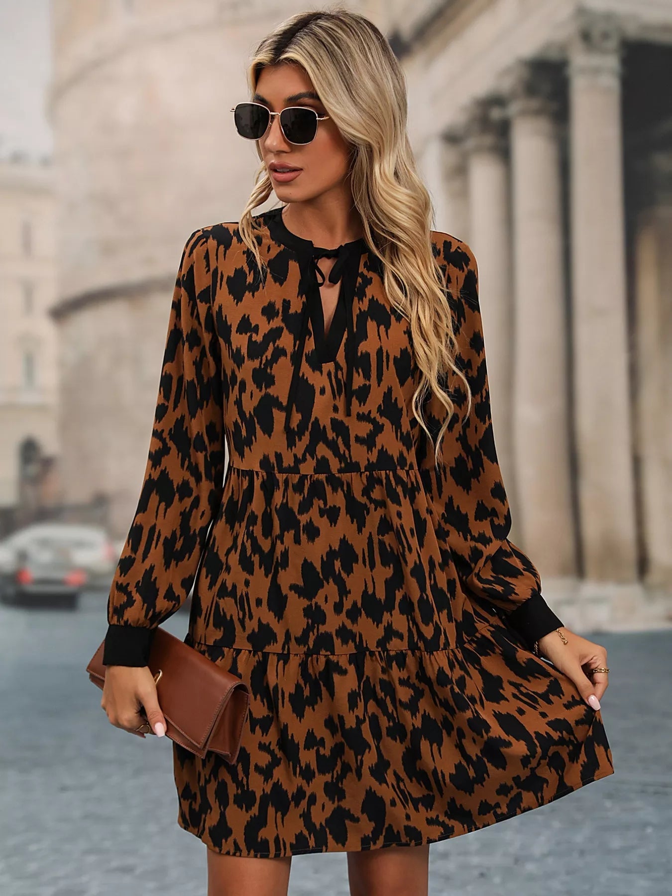Leopard Tie Neck Long Sleeve Dress - Oh she Rose