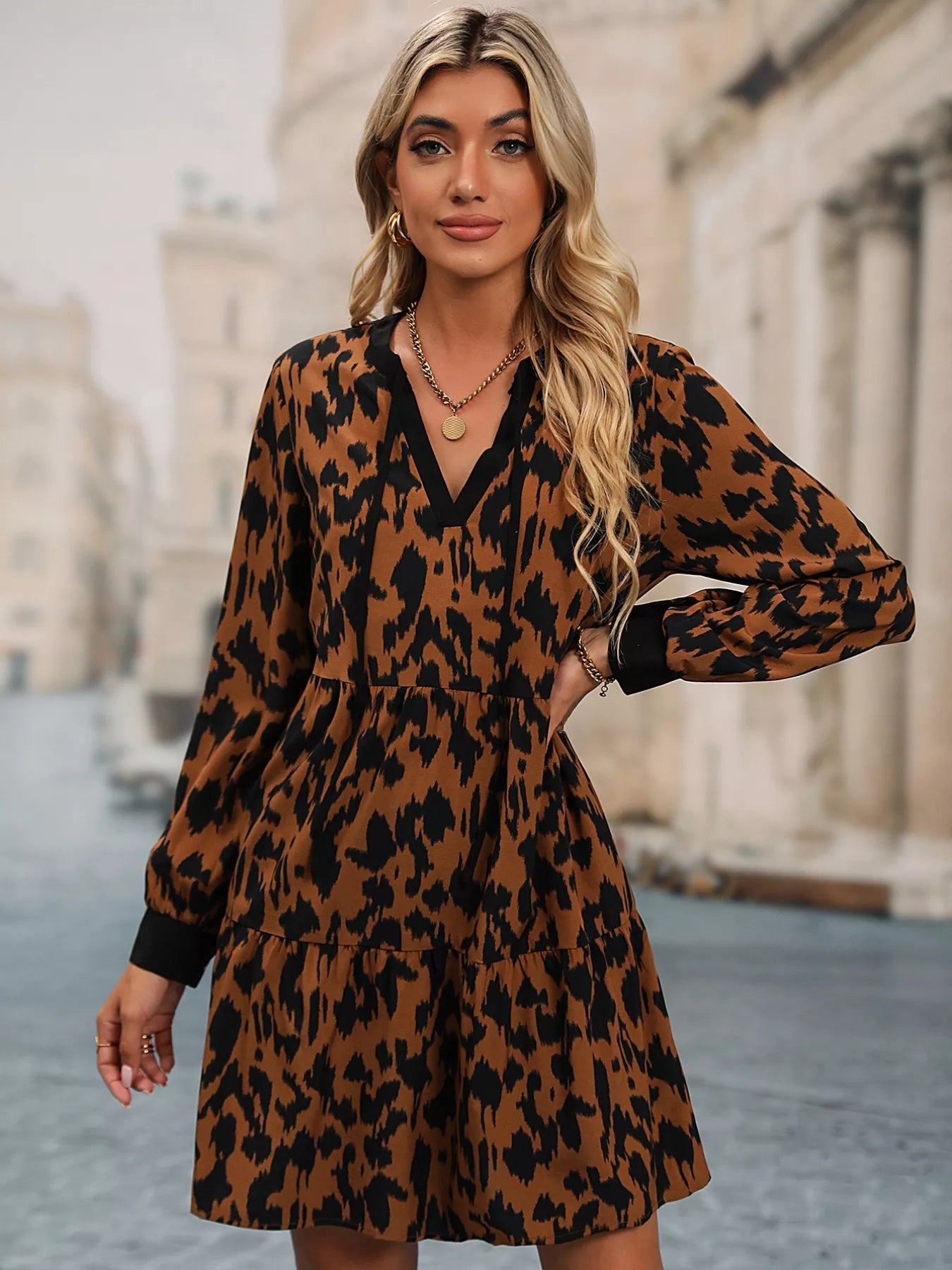 Leopard Tie Neck Long Sleeve Dress - Oh she Rose