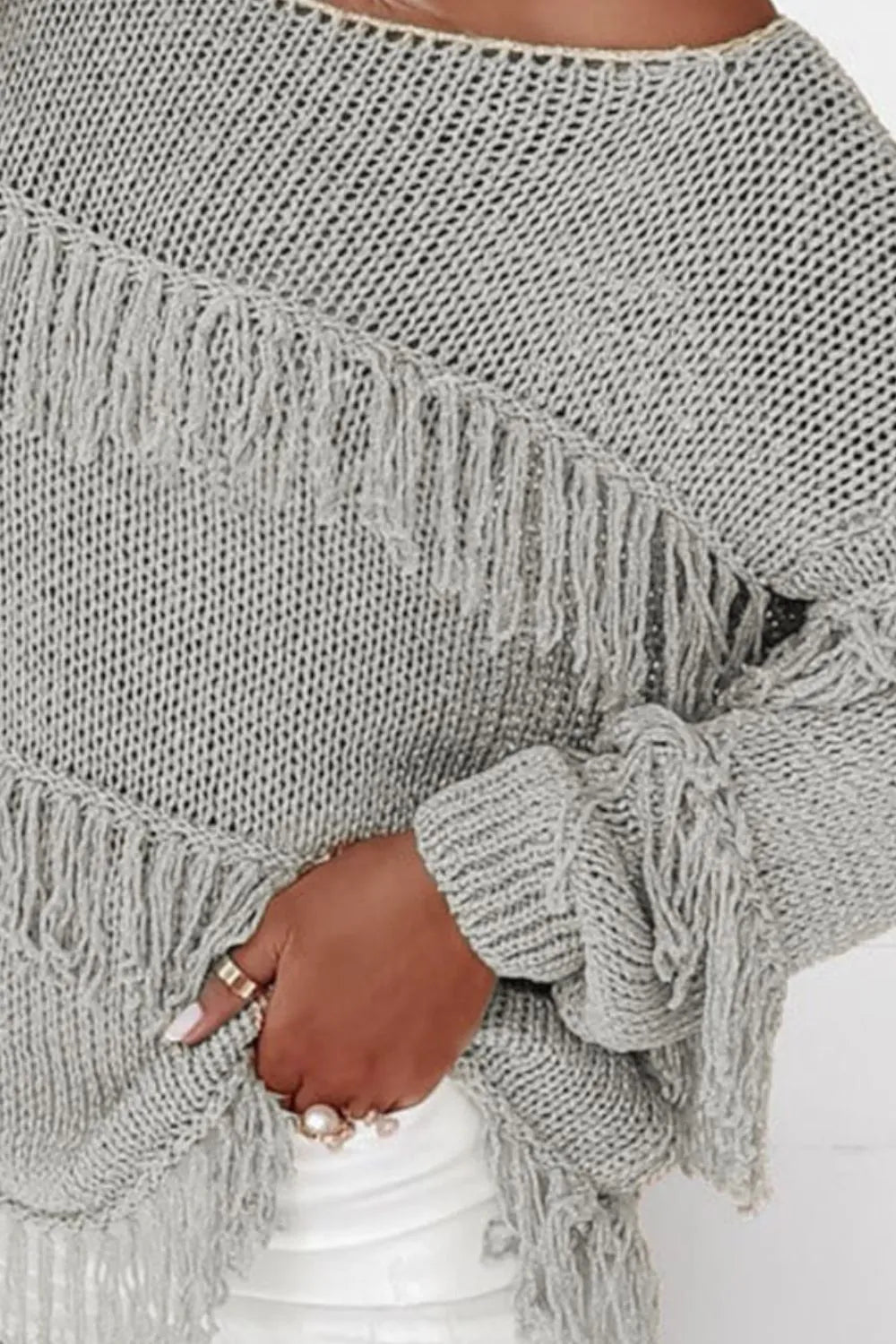 On the Fringe Boat Neck Sweater - Oh she Rose