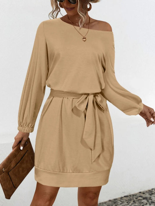 One Shoulder Tie Waist Dress - Oh she Rose