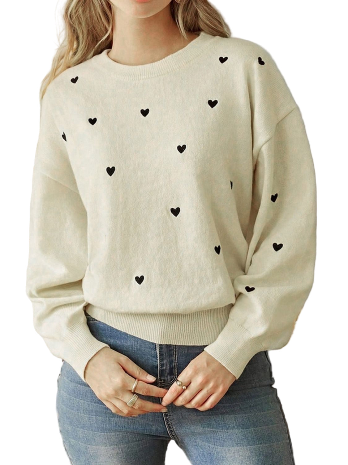 Perfee Heart Round Neck Long Sleeve Knit Top - Oh she Rose