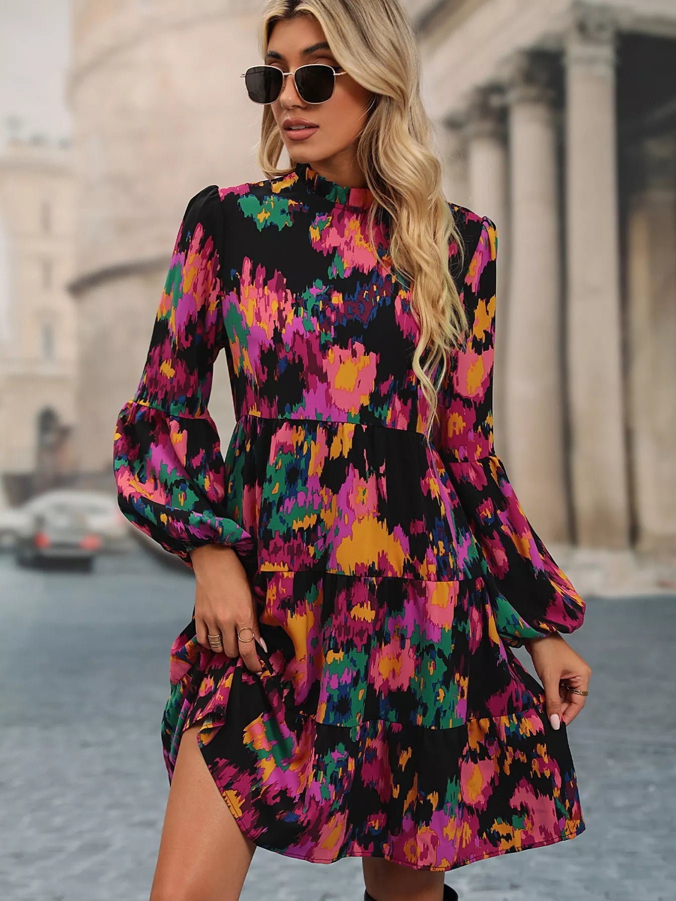 Printed Balloon Sleeve Mini Dress - Oh she Rose
