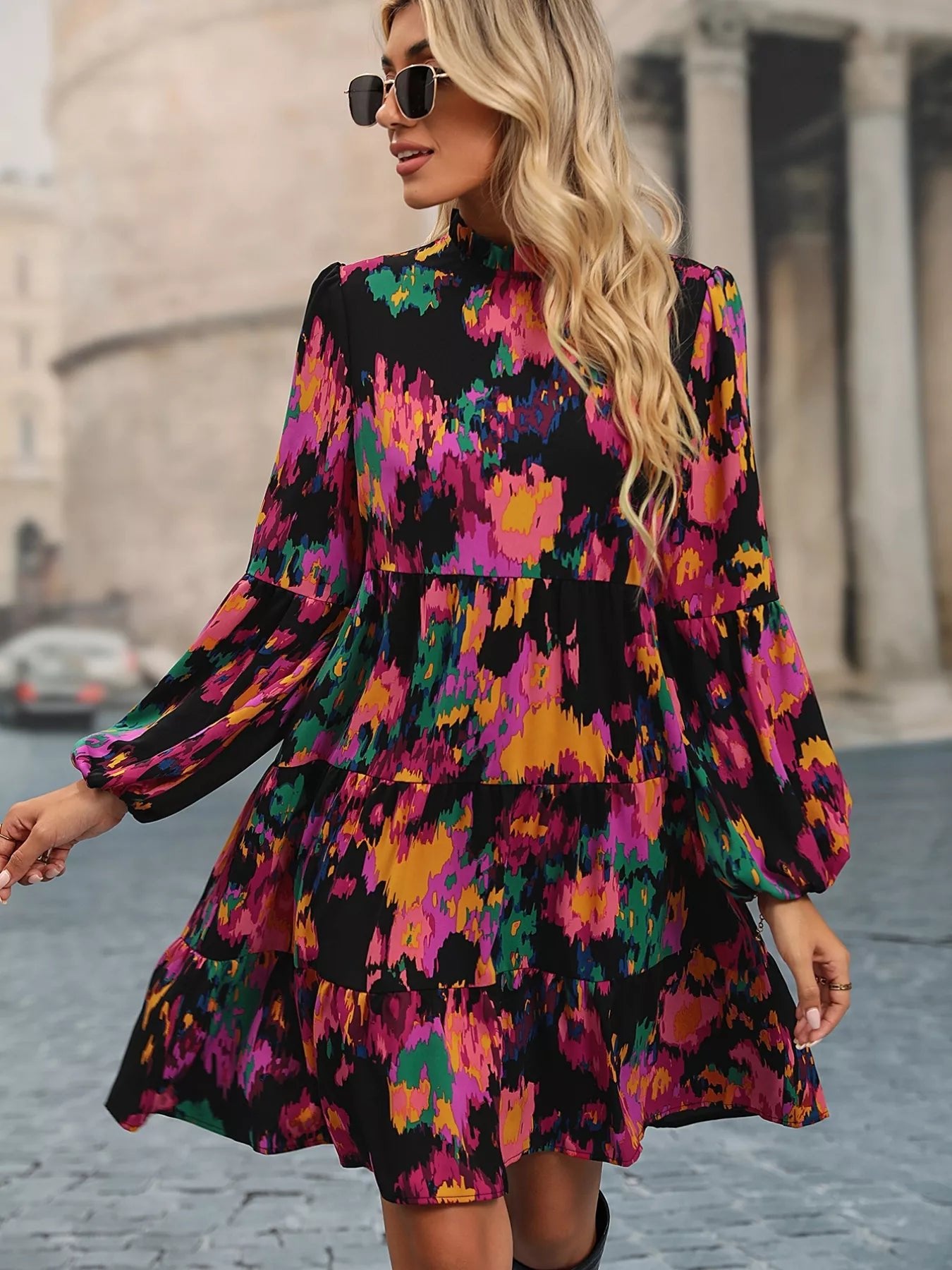 Printed Balloon Sleeve Mini Dress - Oh she Rose
