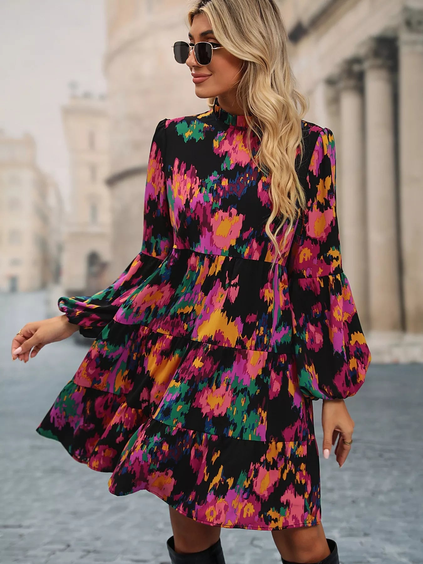 Printed Balloon Sleeve Mini Dress - Oh she Rose