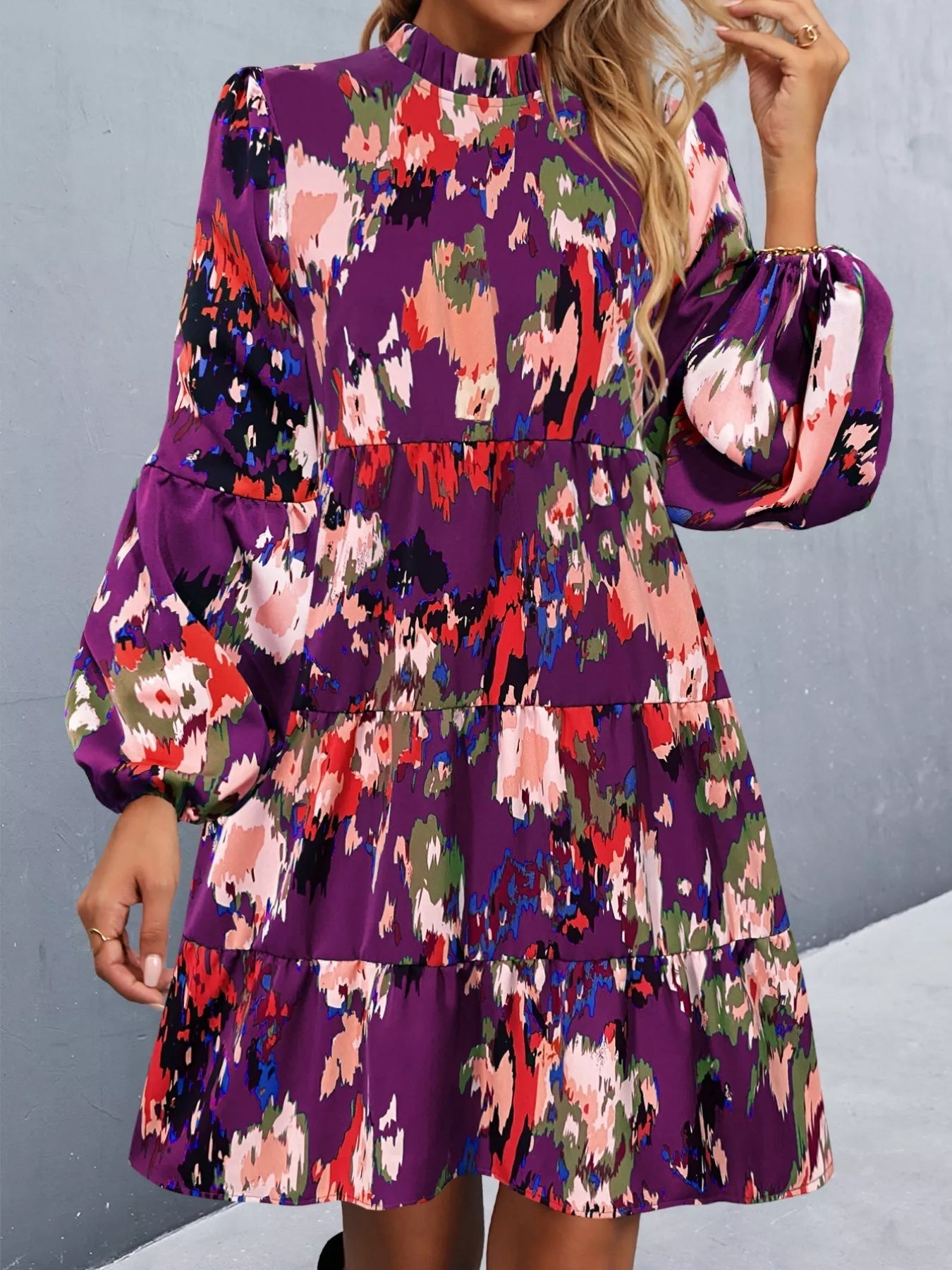 Printed Balloon Sleeve Mini Dress - Oh she Rose