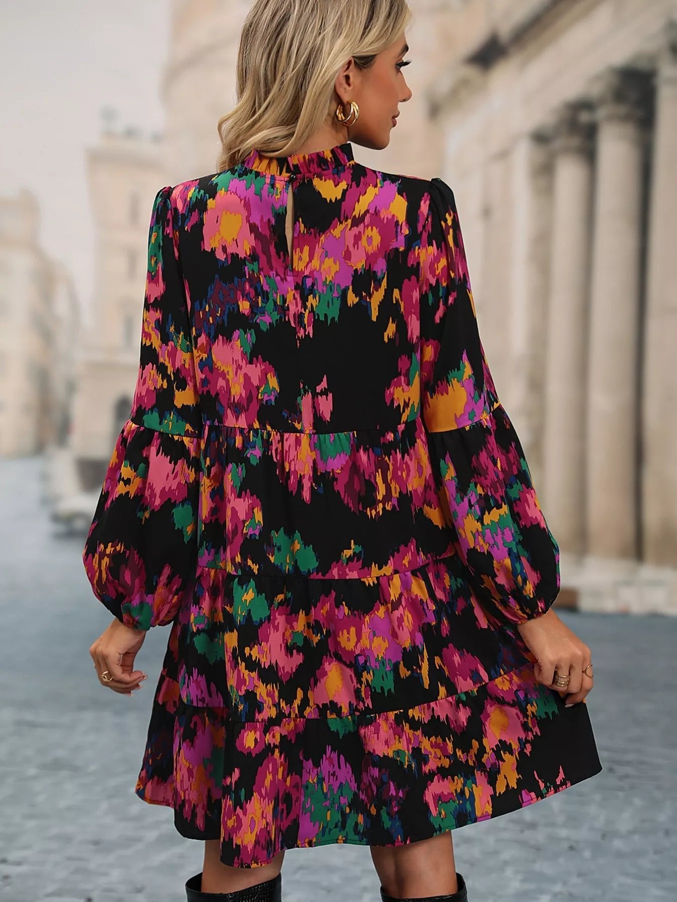 Printed Balloon Sleeve Mini Dress - Oh she Rose
