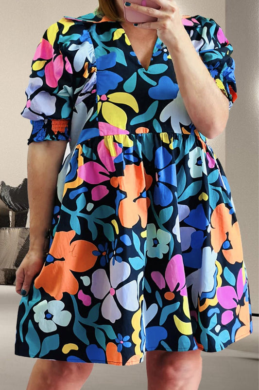 Printed V - Neck Short Sleeve Mini Dress - Oh she Rose