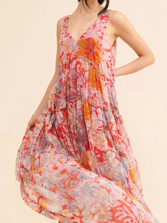 Printed V - Neck Sleeveless Dress - Oh she Rose