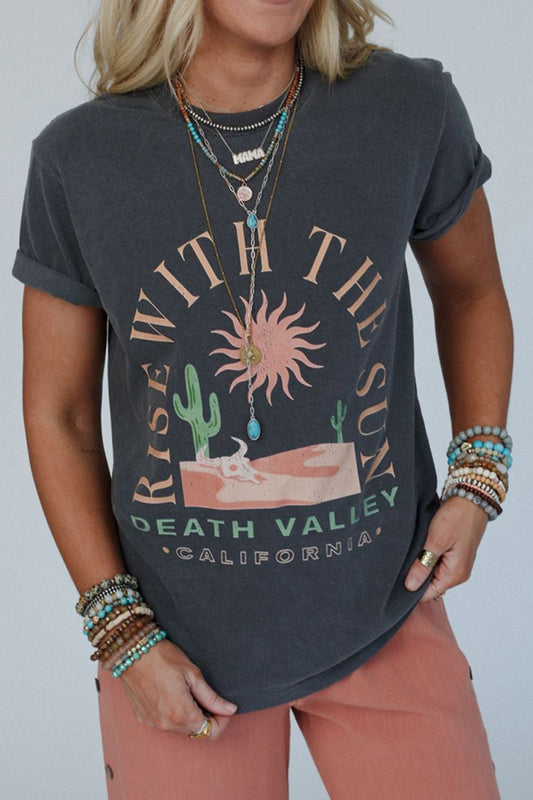 RISE WITH THE SUN Graphic Round Neck Short Sleeve T-Shirt - Oh she Rose