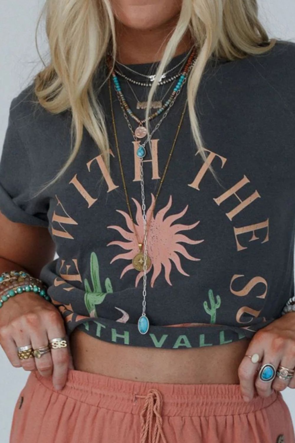 RISE WITH THE SUN Graphic Round Neck Short Sleeve T-Shirt - Oh she Rose