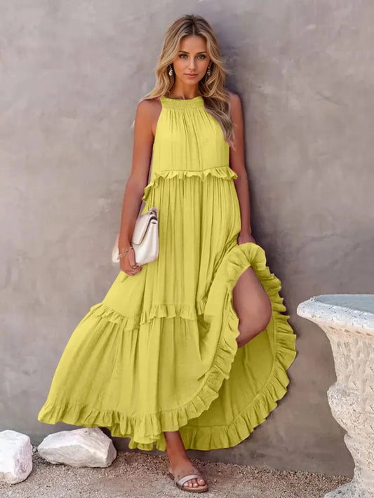 Ruffled Sleeveless Tiered Maxi Dress with Pockets - Oh she Rose
