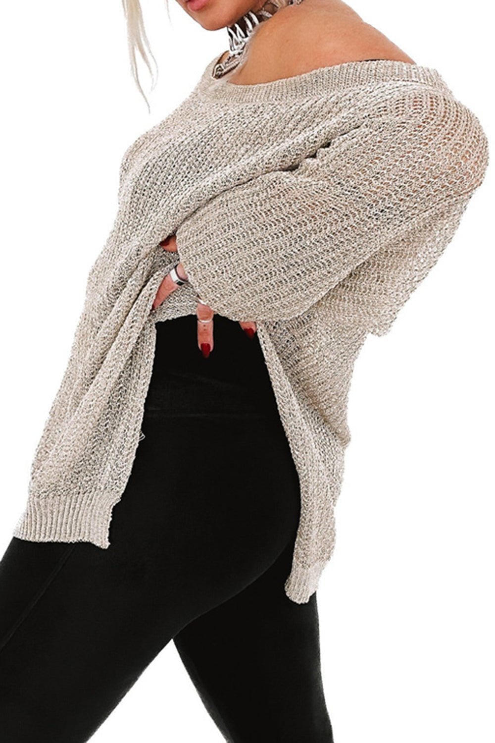 Side Slit Long Sleeve Knit Cover Up - Oh she Rose
