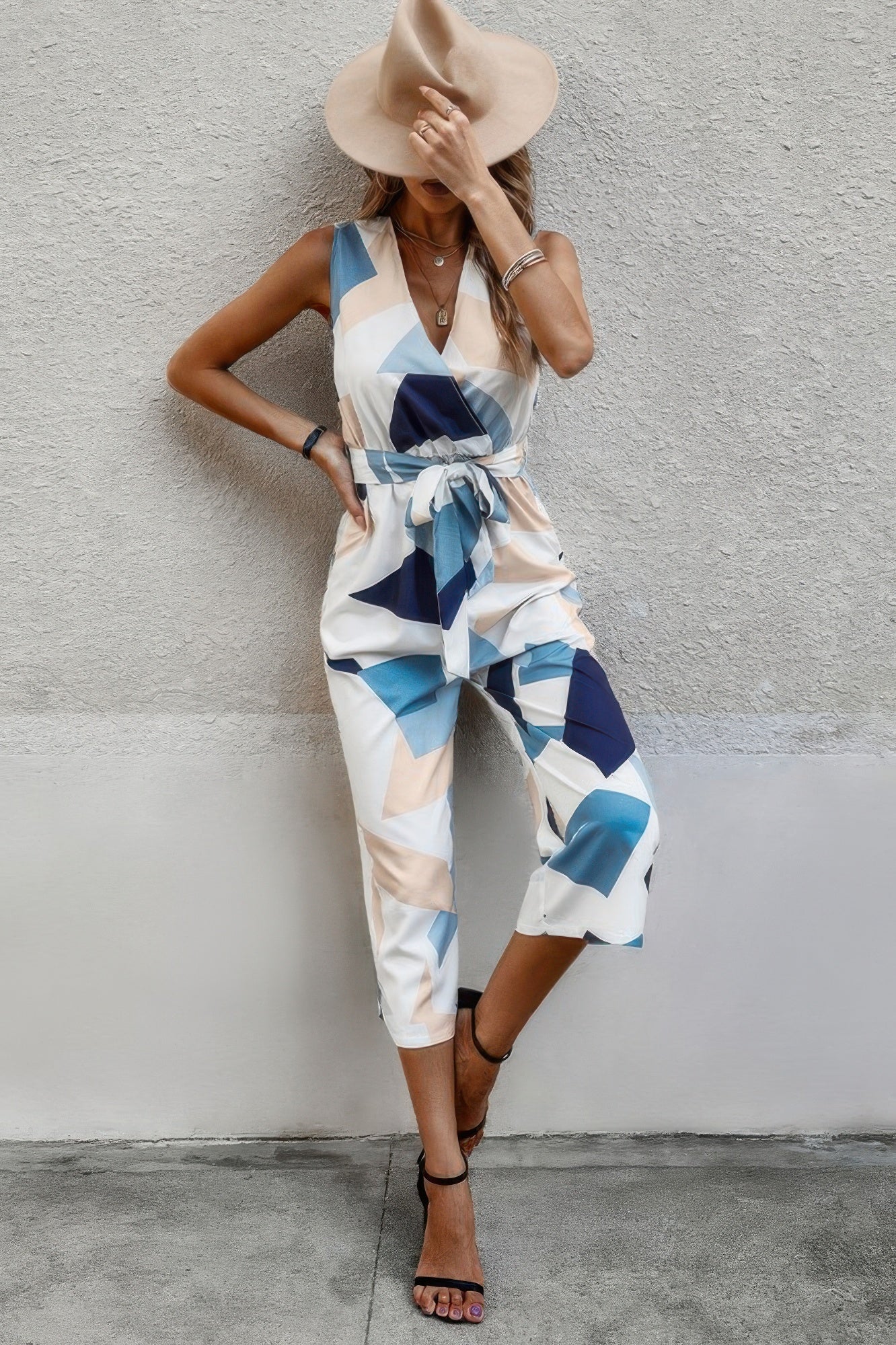 Sleeveless Geo Print Wide Leg Belted Jumpsuit - Oh she Rose