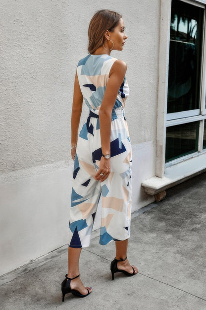 Sleeveless Geo Print Wide Leg Belted Jumpsuit - Oh she Rose