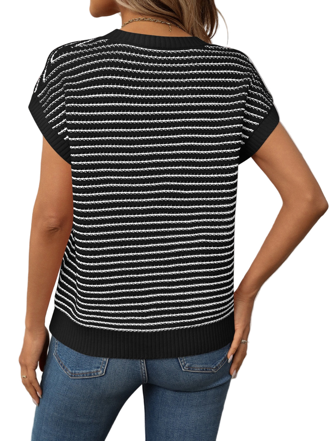 Striped Round Neck Short Sleeve Knit Top - Oh she Rose