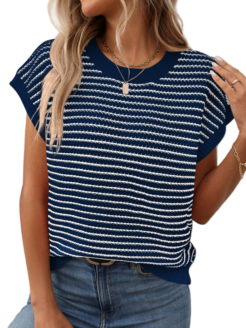 Striped Round Neck Short Sleeve Knit Top - Oh she Rose