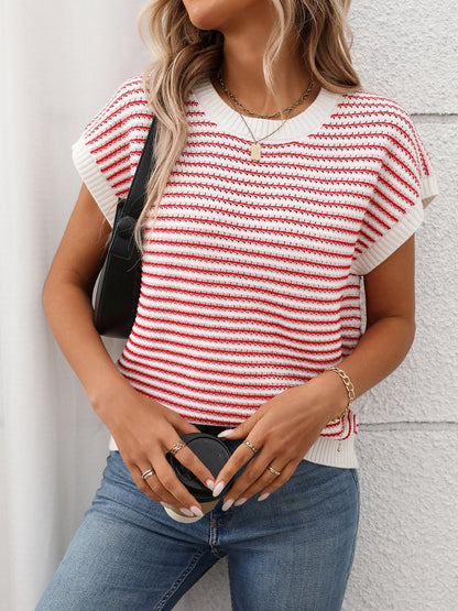 Striped Round Neck Short Sleeve Knit Top - Oh she Rose
